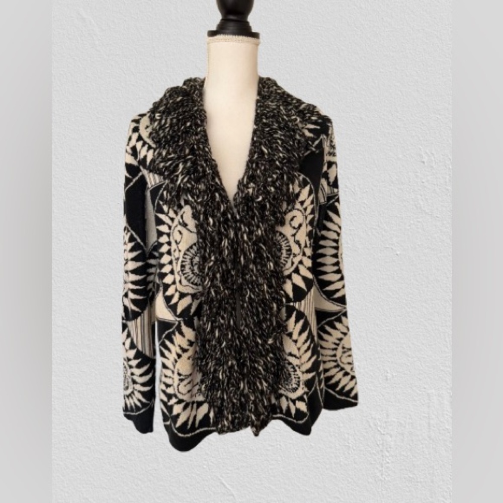Chico's Black White Open Cardigan Knit Weave Sweater Fringe Front Silk, Sz 1